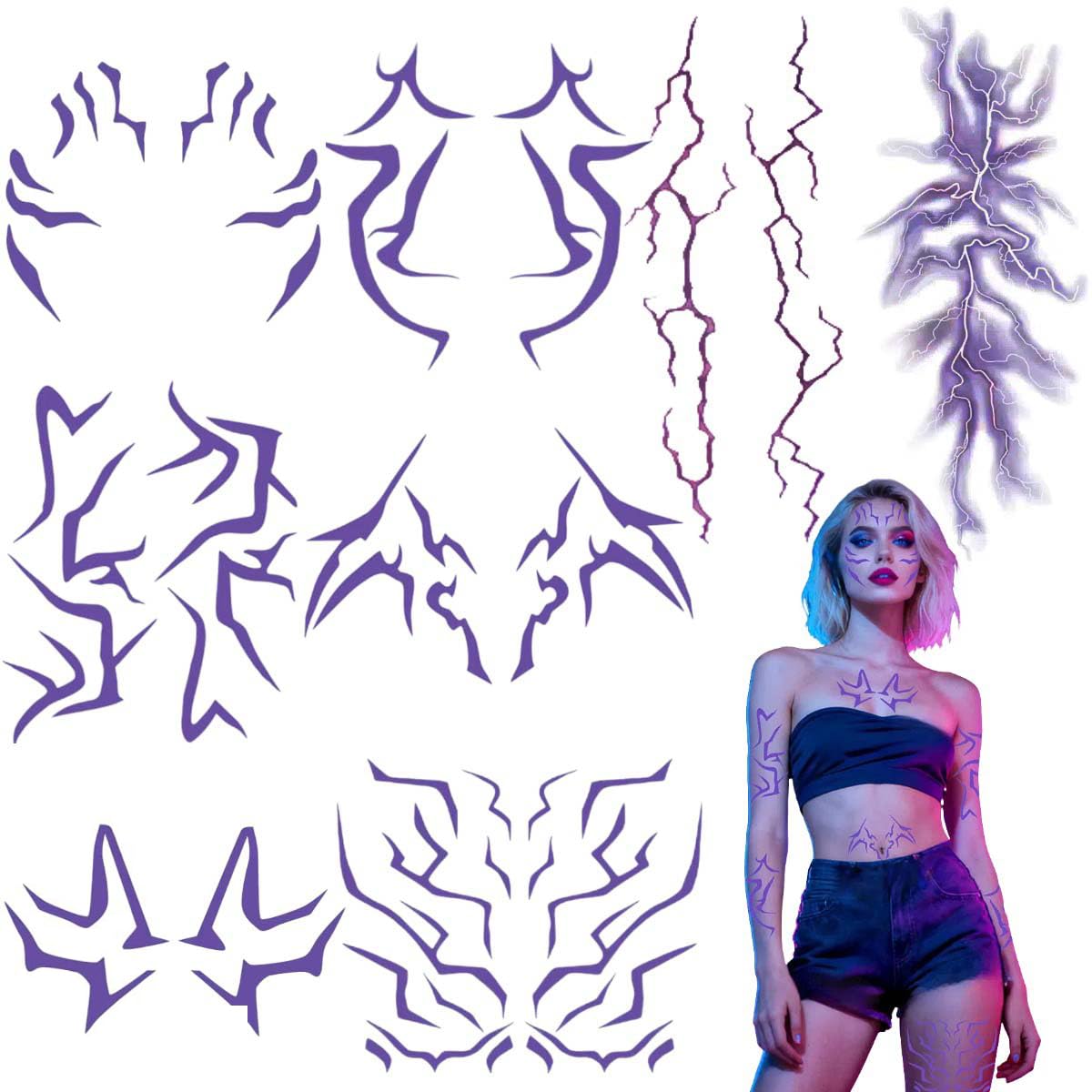 JRRZETA 8PCS Ombre Temporary Tattoos – Purple Realistic Body Art for Hunter Costume, Cosplay & Parties