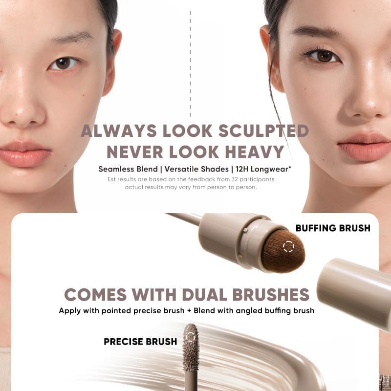 JUDYDOLL Liquid Contour & Highlighter – 2-in-1 Face Sculpting with Dual Brushes, 12HR Wear (02 Beige White)
