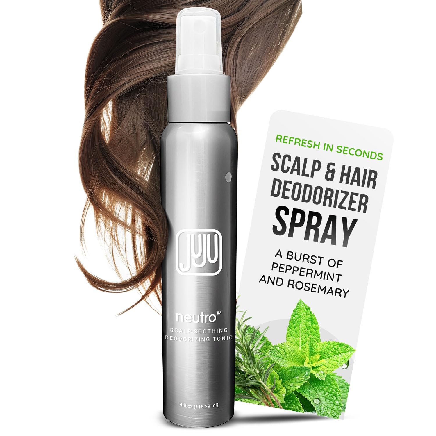 JUJU CHAN Neutro Soothing Scalp & Hair Deodorizing Tonic Spray – 4 oz, Peppermint & Rosemary