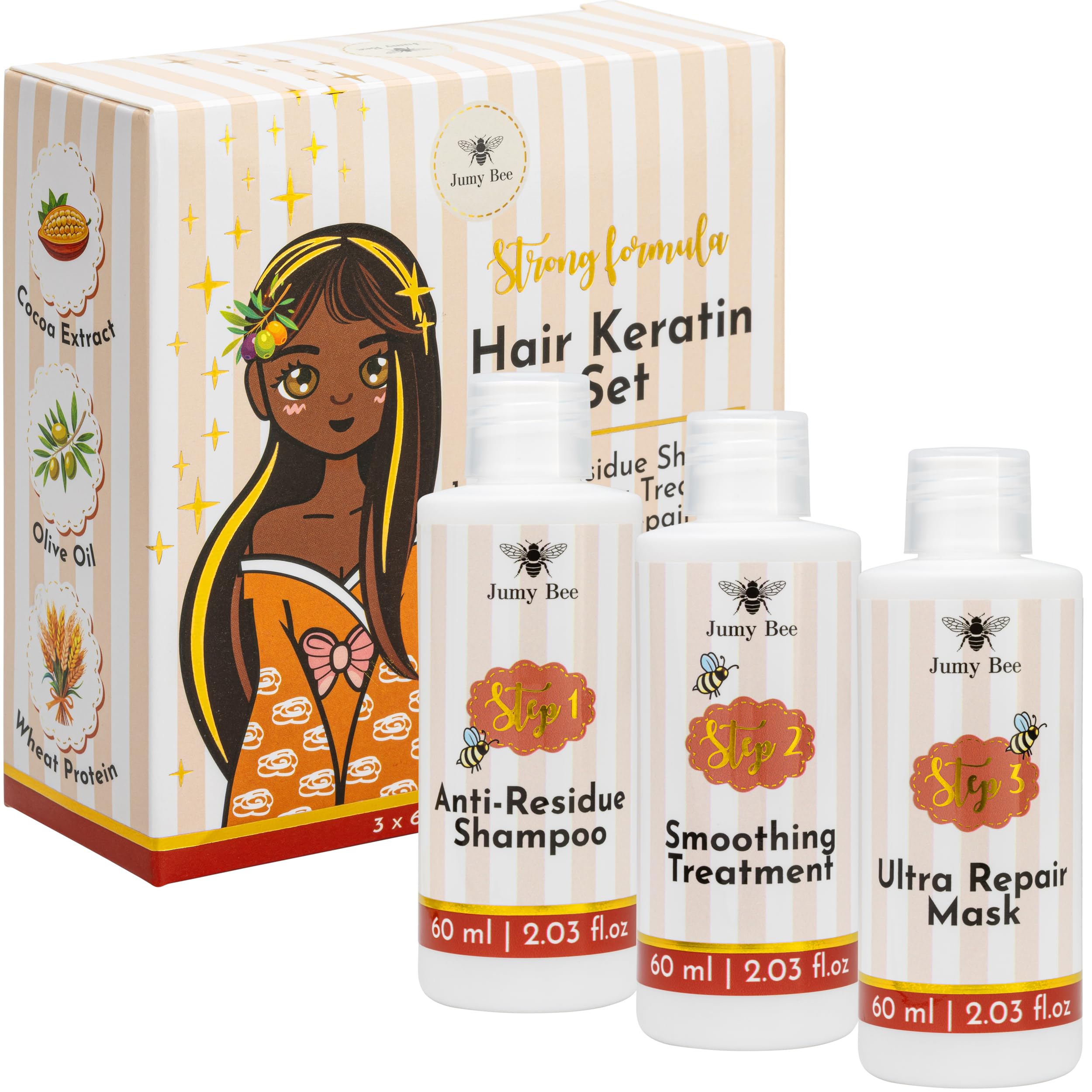 Jumy Bee Brazilian Keratin Treatment Kit – 3 Steps, 2.03 fl oz | Formaldehyde-Free At-Home Hair Smoothing