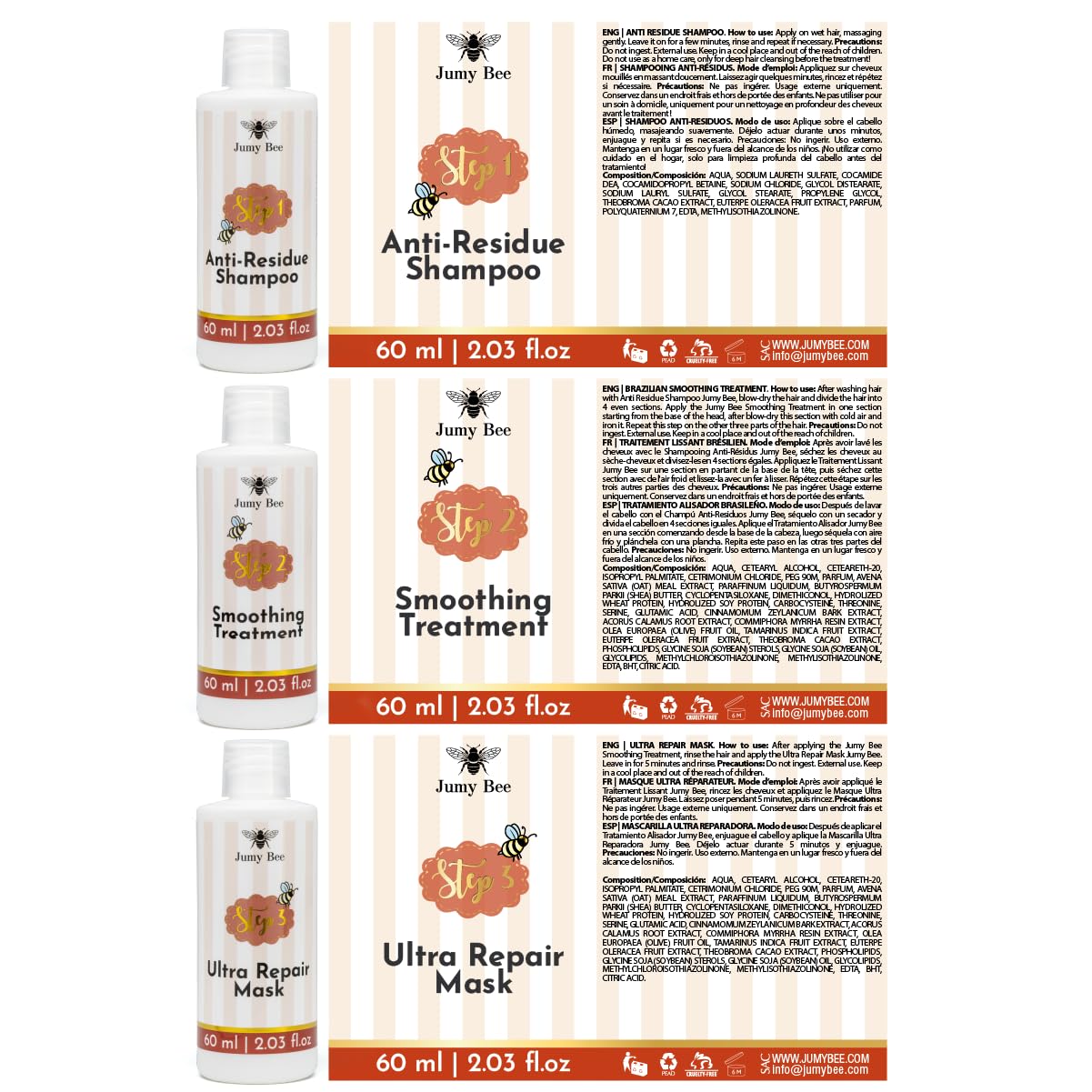 Jumy Bee Brazilian Keratin Treatment Kit – 3 Steps, 2.03 fl oz | Formaldehyde-Free At-Home Hair Smoothing