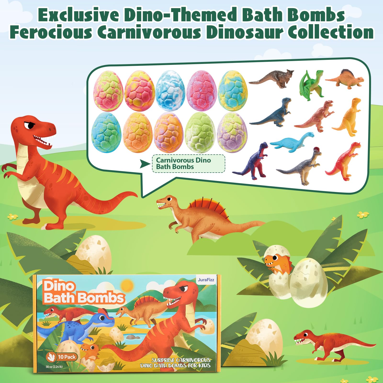 JuraFizz Dinosaur Bath Bombs - 10 Pack with Surprises Inside for Safe Colorful Bath Fun