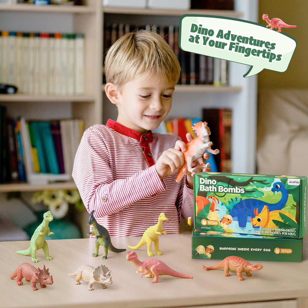 JuraFizz Dinosaur Bath Bombs 10-Pack with Surprise Toys – Safe, Mess-Free Gift for Kids 3–9