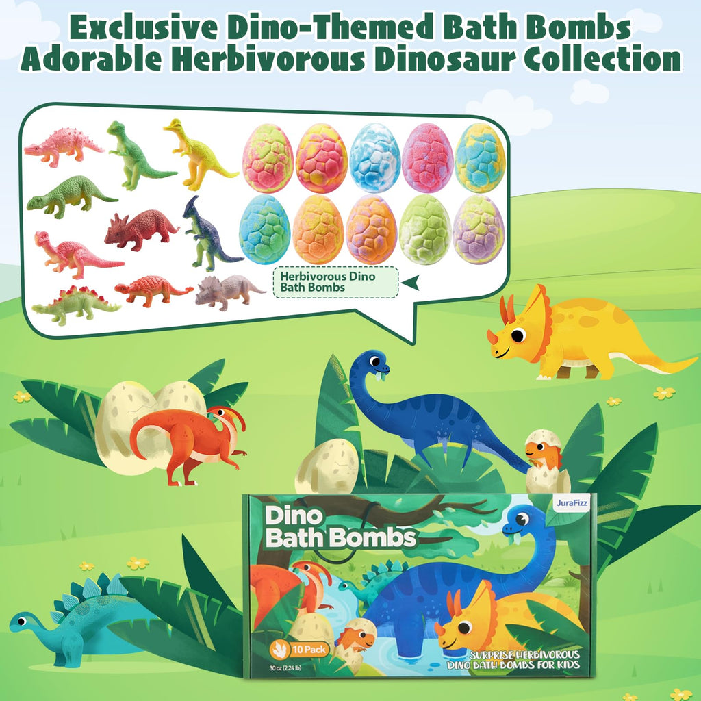 JuraFizz Dinosaur Bath Bombs 10-Pack with Surprise Toys – Safe, Mess-Free Gift for Kids 3–9