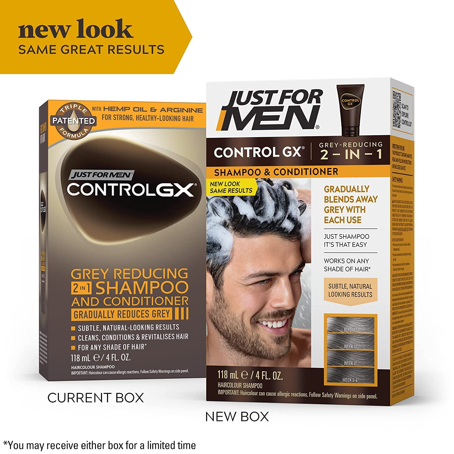 Just for Men Control GX Grey-Reducing 2-in-1 Shampoo & Conditioner with Keratin – 4 Fl Oz (Packaging May Vary) - 3 Pack
