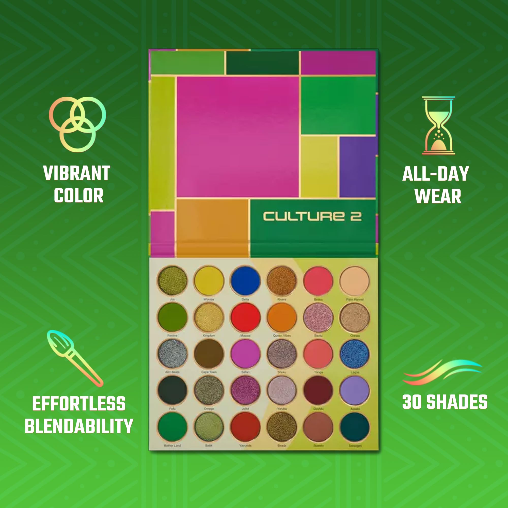Juvia's Place Culture 2 Eye Shadow Palette – 30 Colors, High Pigment, Long-Lasting, Glitter & Metallics