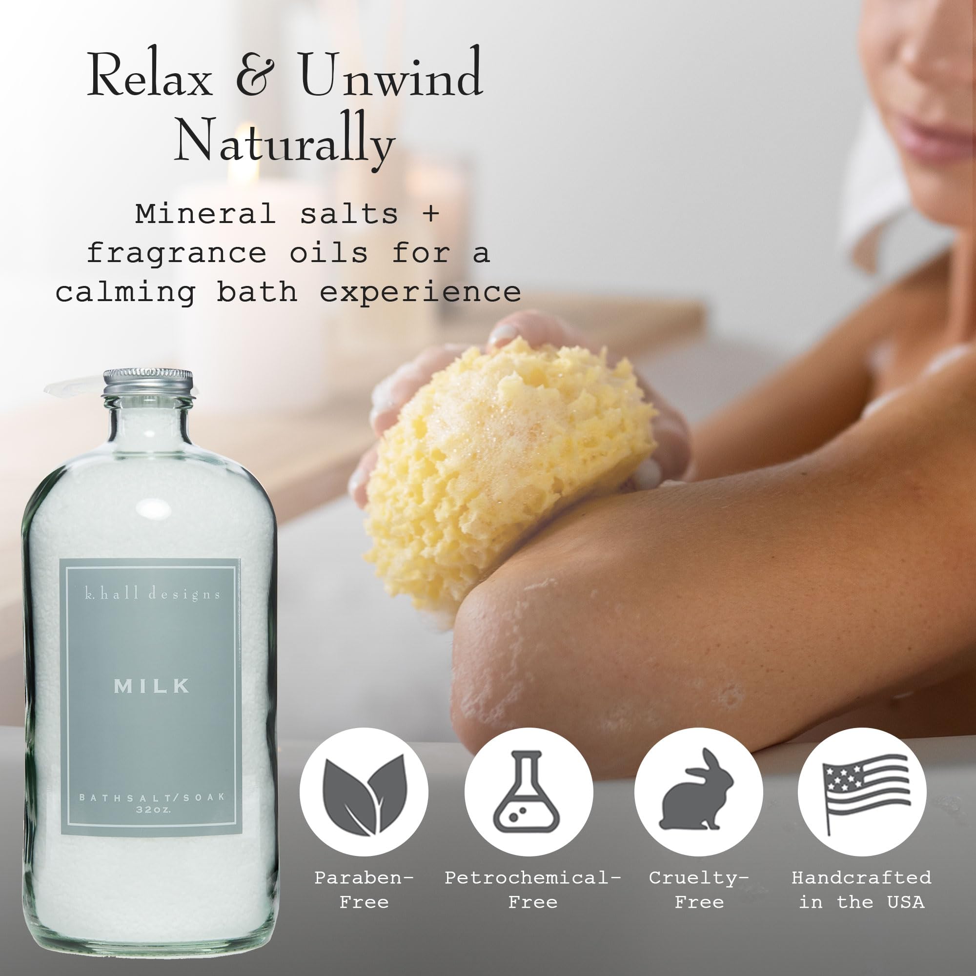 K. Hall Designs Milk Bath Salt Soak with Vitamin E – Creamy Coconut & Vanilla (32 oz)