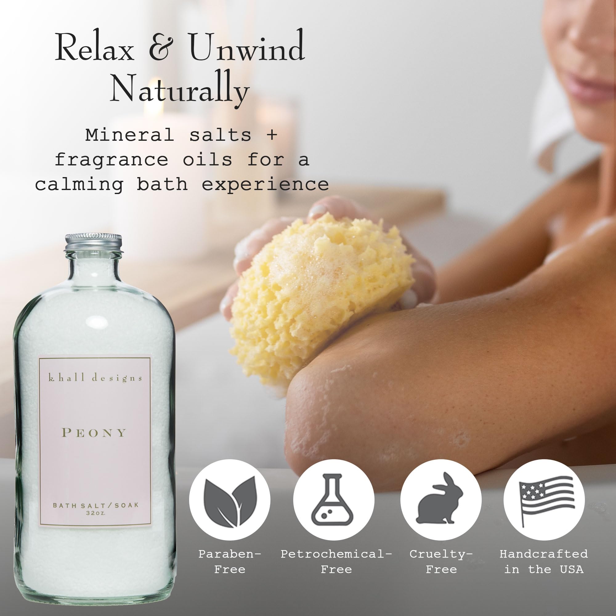K. Hall Designs Peony Bath Salt Soak with Vitamin E – Peaceful Peony Scent, 32 oz