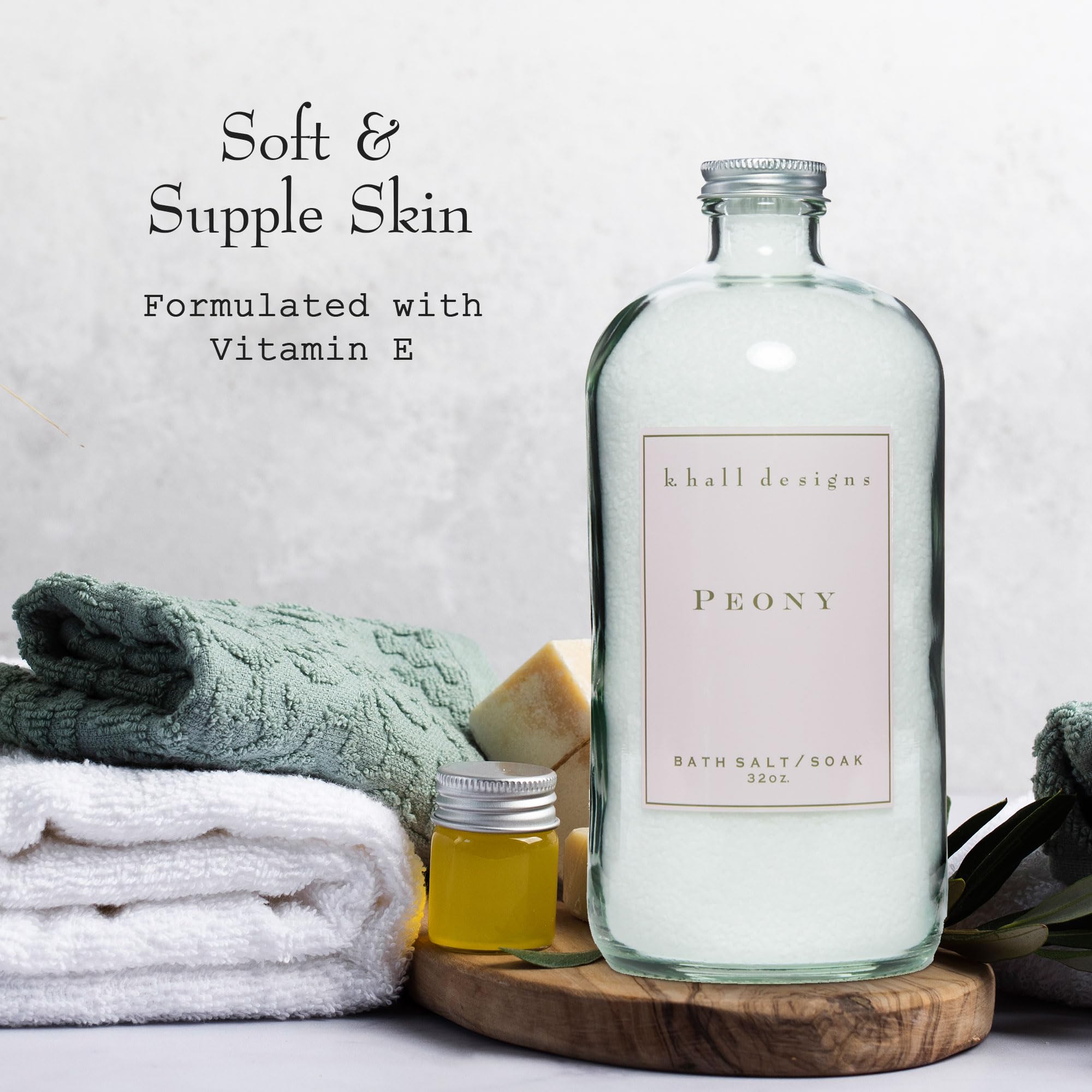 K. Hall Designs Peony Bath Salt Soak with Vitamin E – Peaceful Peony Scent, 32 oz