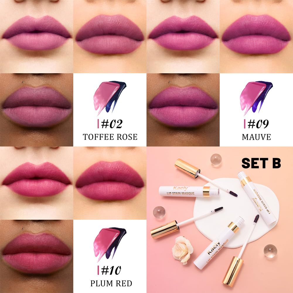Kaely Lip Stain Peel-Off Masque 3-Piece Set – Long-Lasting Matte Tint (Vegan)