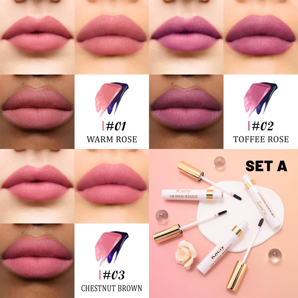 Kaely 3-Piece Lip Stain Peel-Off Masque – Long-Wear Matte Tint (Vegan & Cruelty-Free) A-01/A-02/A-03