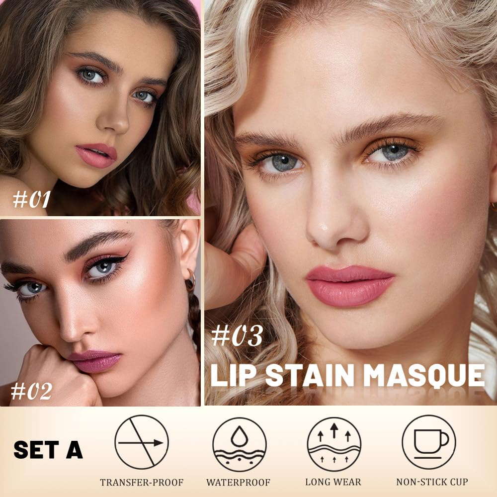 Kaely 3-Piece Lip Stain Peel-Off Masque – Long-Wear Matte Tint (Vegan & Cruelty-Free) A-01/A-02/A-03
