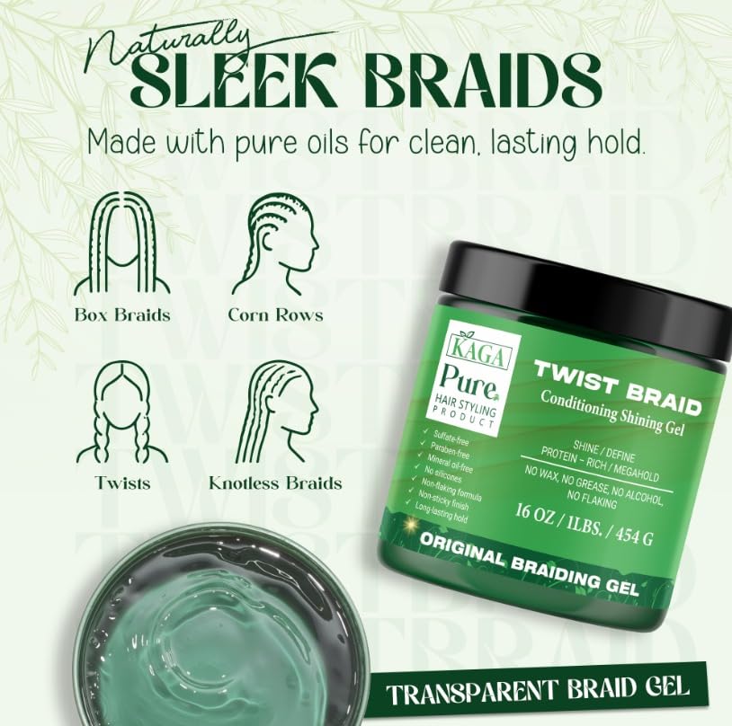 KAGA Pure O Natural Neatbraid Gel 16oz – Strong Hold, Conditioning Shine for Braids & Edges
