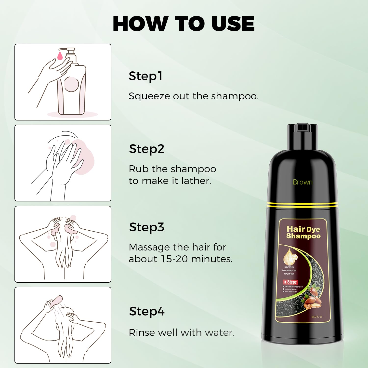 KAISASA Brown Hair Dye Shampoo 3-in-1 with Argan — Gray Coverage for Women & Men (16.9 oz)