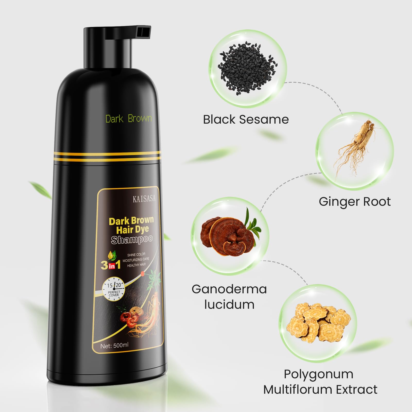 KAISASA Dark Brown Hair Dye Shampoo 3-in-1 for Gray Coverage – 500ml
