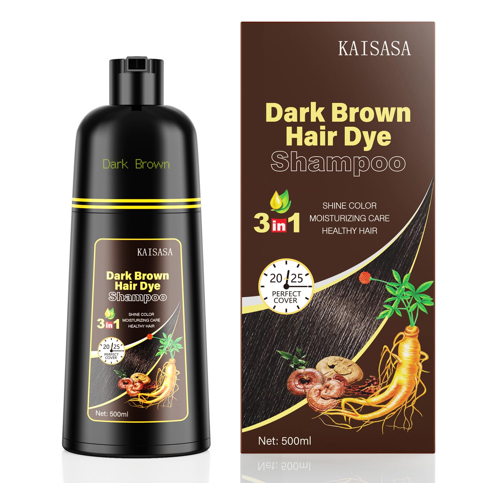 KAISASA Dark Brown Hair Dye Shampoo 3-in-1 for Gray Coverage – 500ml