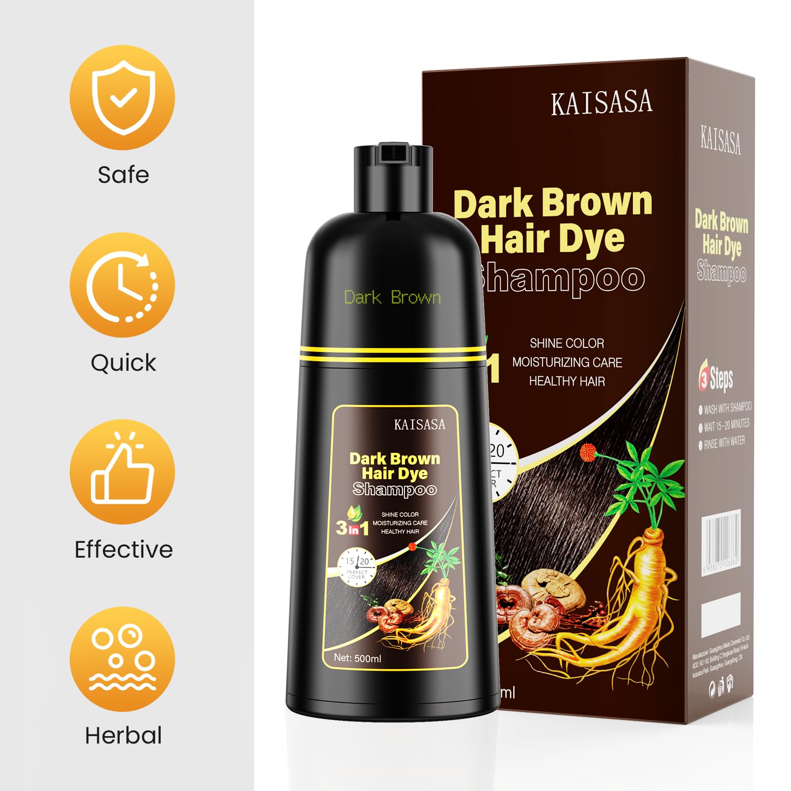 KAISASA Dark Brown Hair Dye Shampoo 3-in-1 for Gray Coverage – 500ml