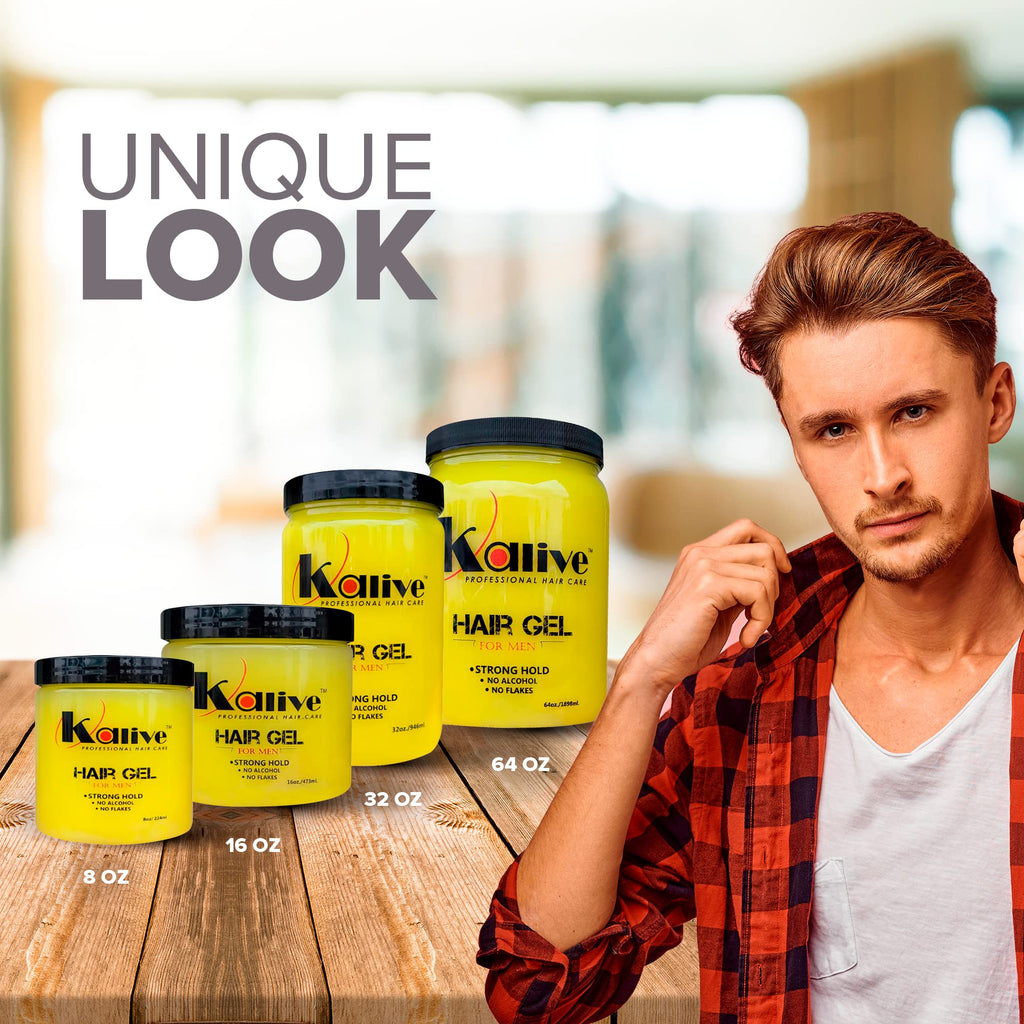 KALIVE 2 STYLE Men's Hair Styling Gel 64 oz – Strong Hold, Light Shine, Alcohol-Free, No Flaking, Fresh Scent