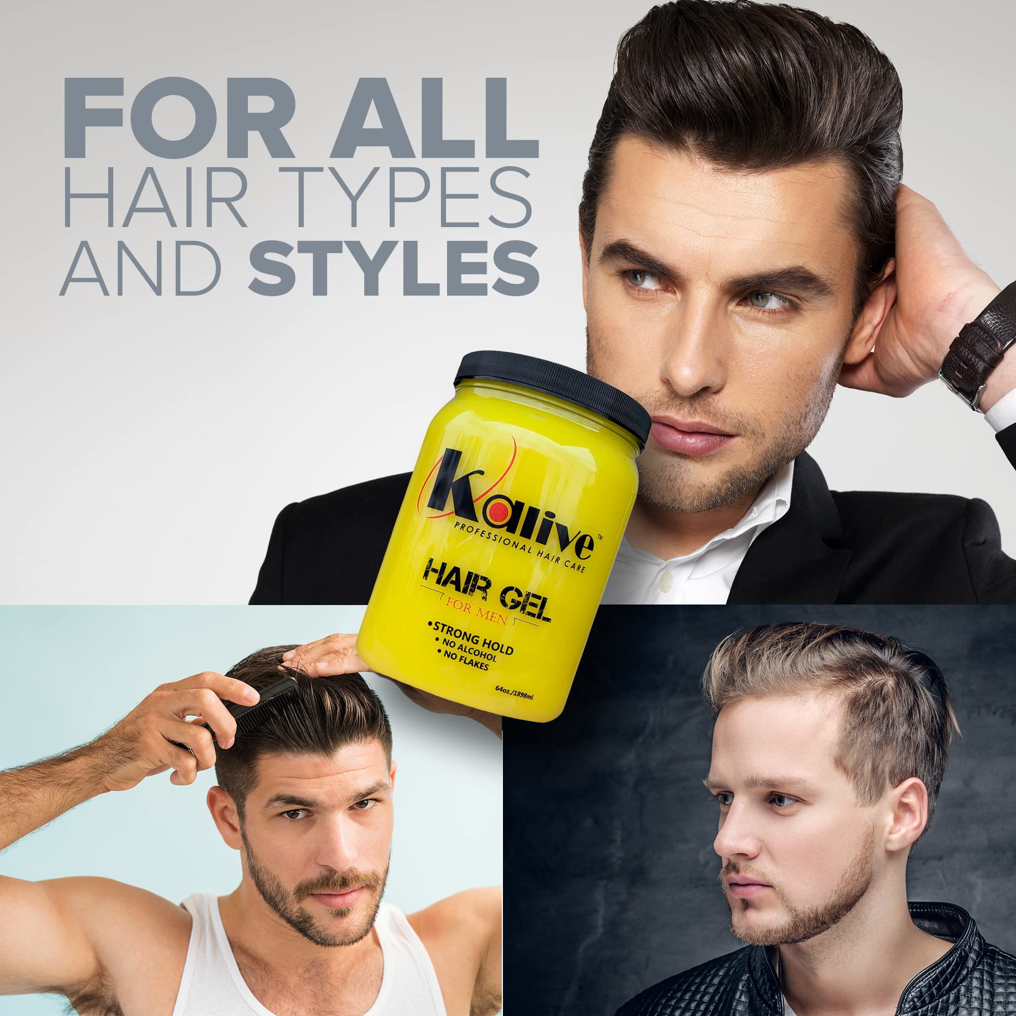 KALIVE 2 STYLE Men's Hair Styling Gel 64 oz – Strong Hold, Light Shine, Alcohol-Free, No Flaking, Fresh Scent