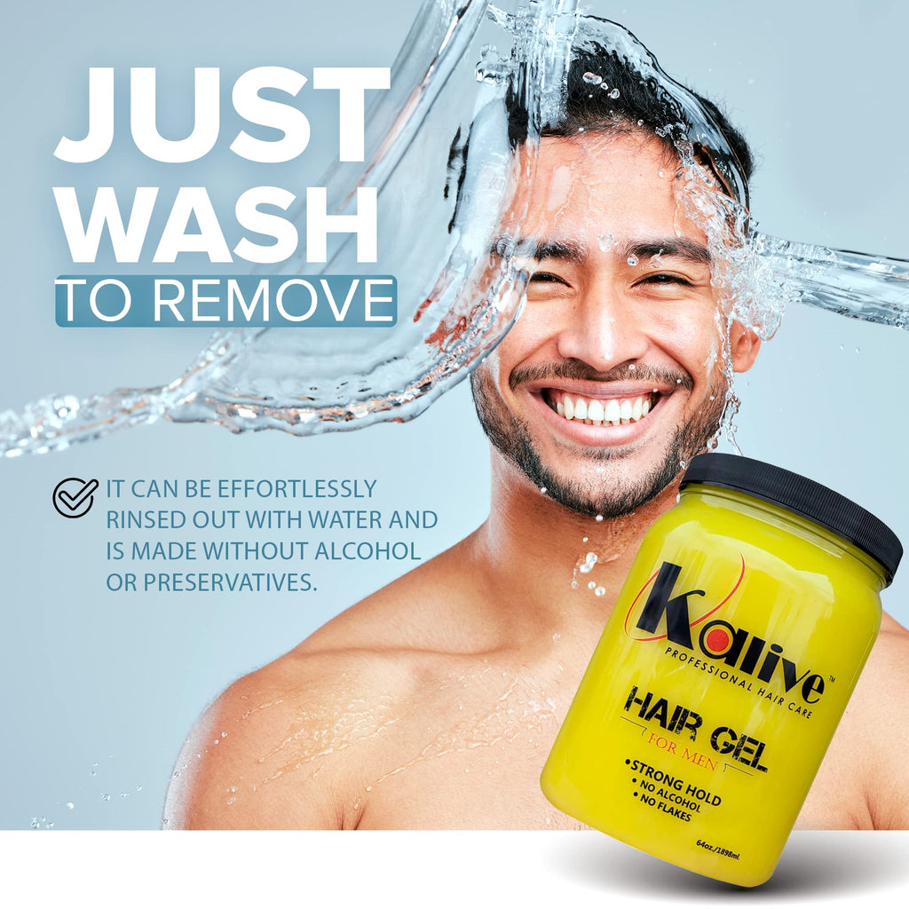 KALIVE 2 STYLE Men's Hair Styling Gel 64 oz – Strong Hold, Light Shine, Alcohol-Free, No Flaking, Fresh Scent