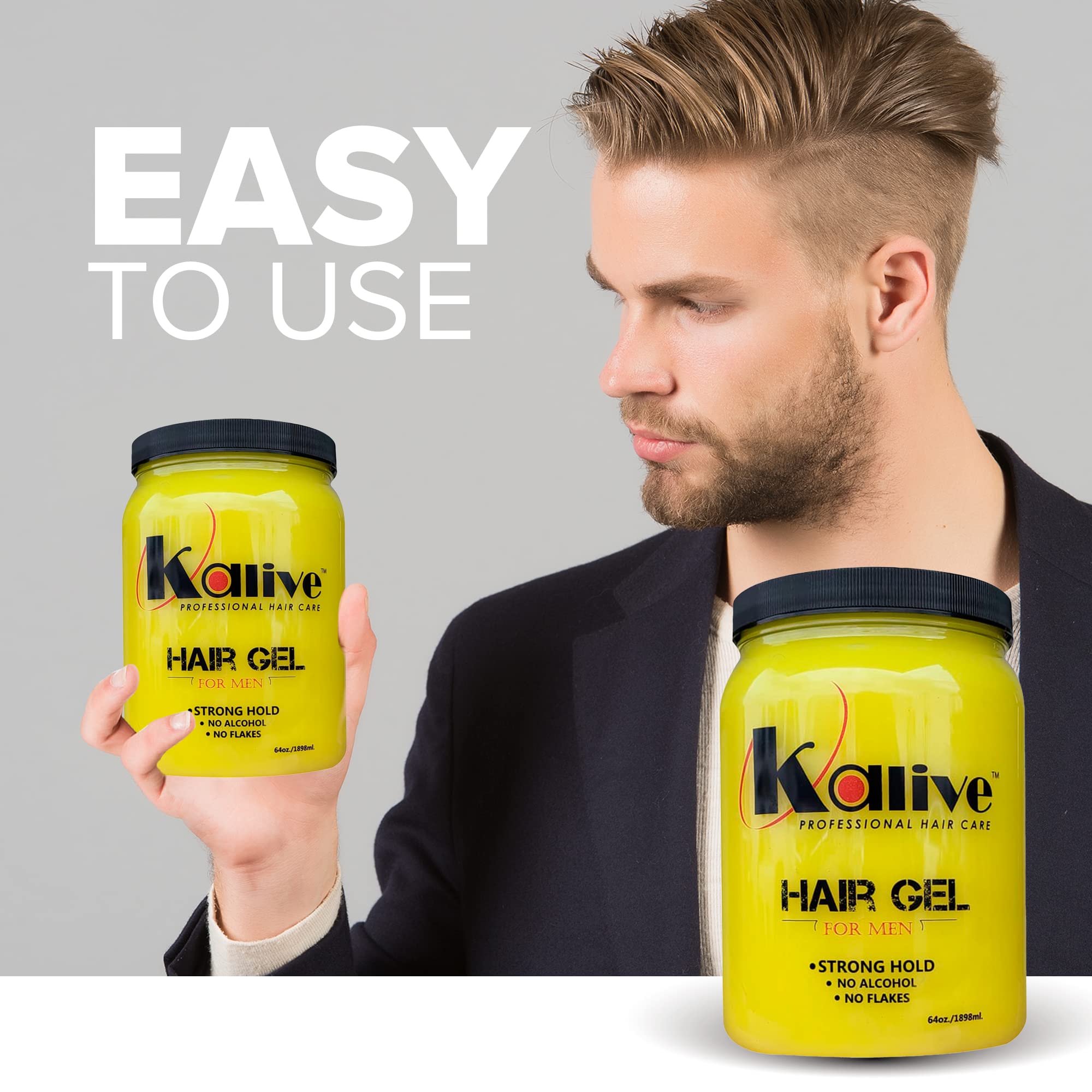 KALIVE 2 STYLE Men's Hair Styling Gel 64 oz – Strong Hold, Light Shine, Alcohol-Free, No Flaking, Fresh Scent