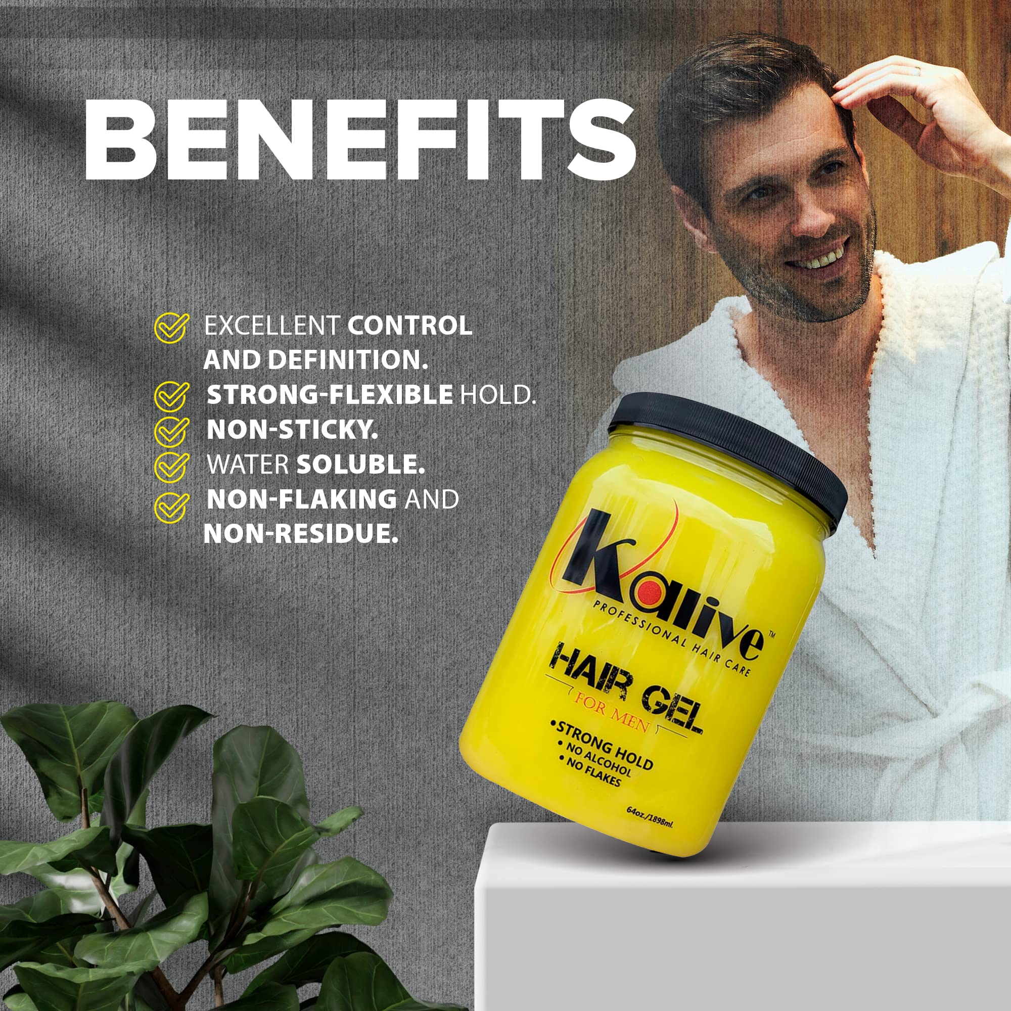 KALIVE 2 STYLE Men's Hair Styling Gel 64 oz – Strong Hold, Light Shine, Alcohol-Free, No Flaking, Fresh Scent