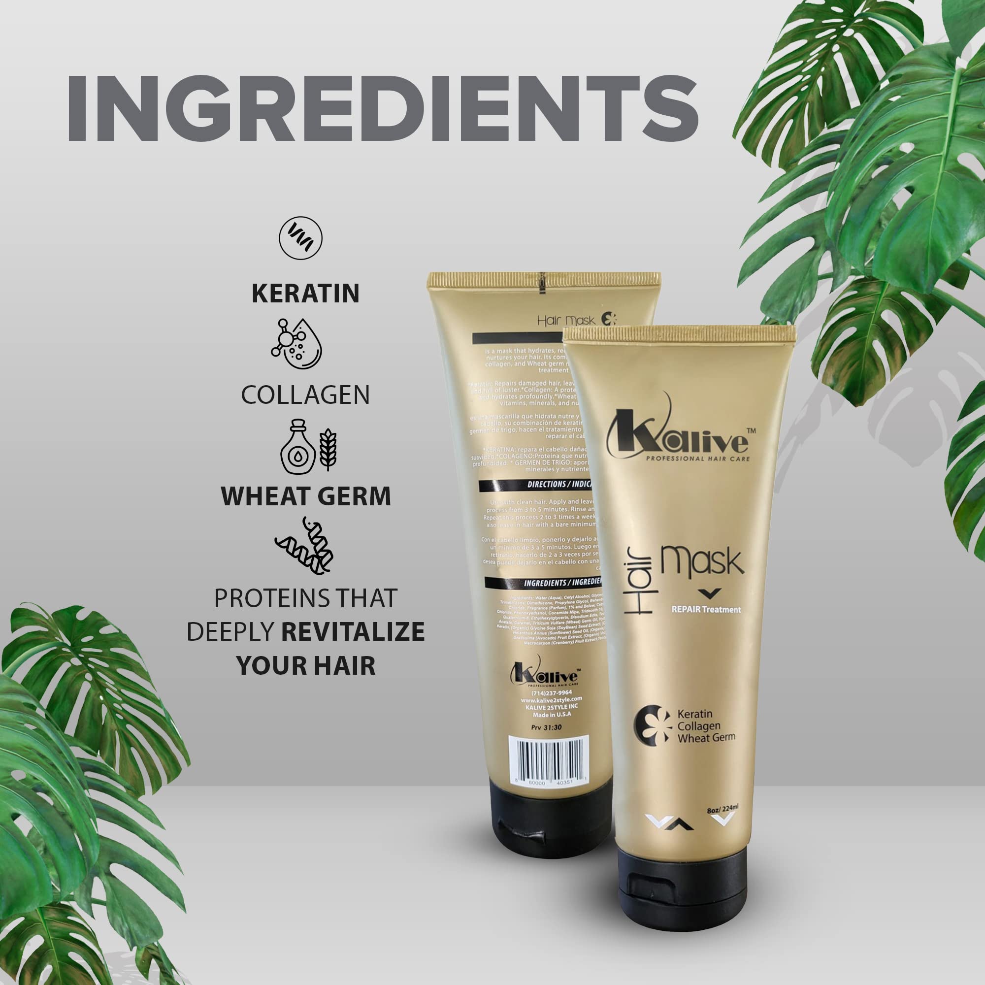 KALIVE Hair Mask – Deep Hydration & Repair (8 oz) with Keratin, Collagen & Wheat Germ