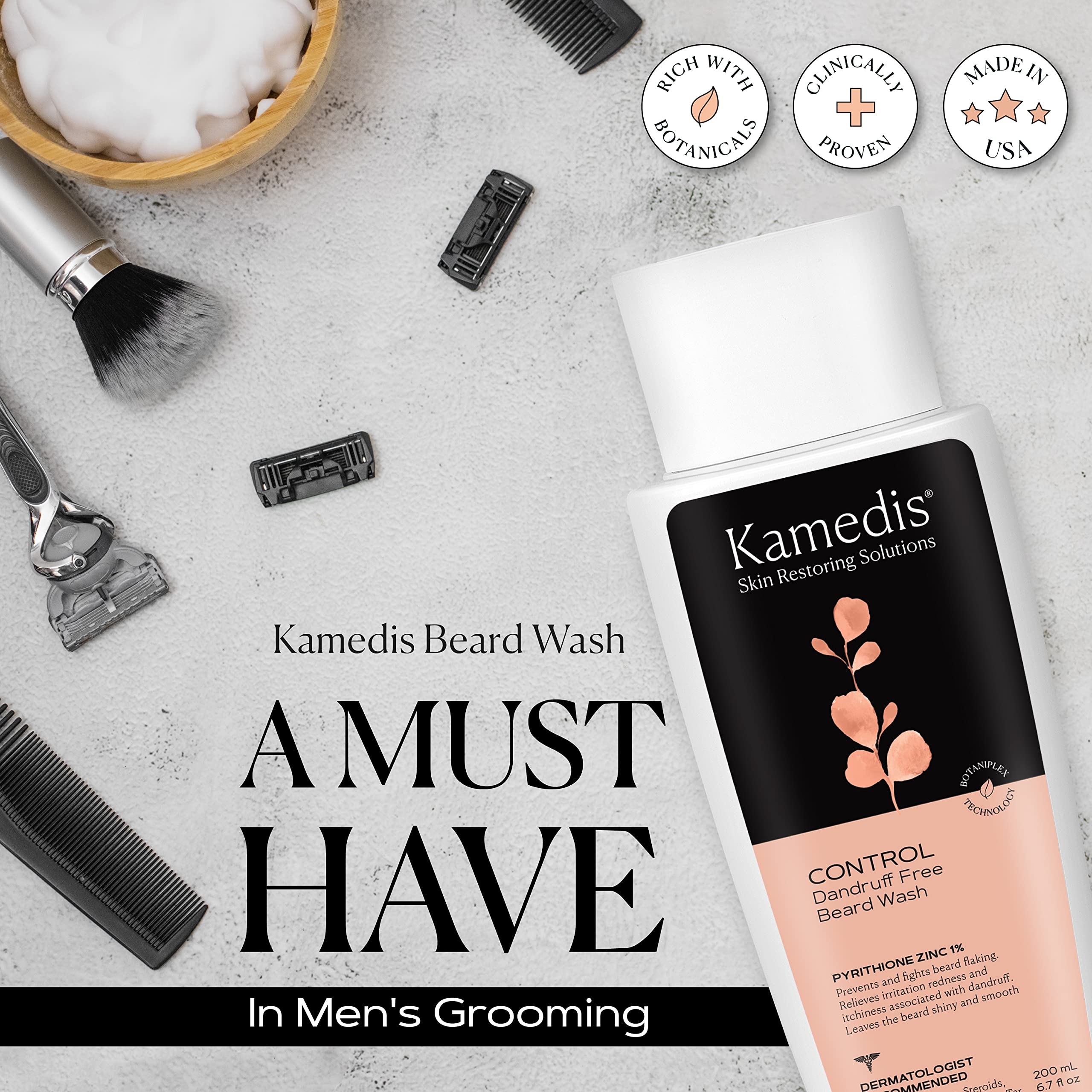 KAMEDIS Beard Wash – Dandruff Control Shampoo for Men with Pyrithione Zinc and Salicylic Acid, 6.7 oz