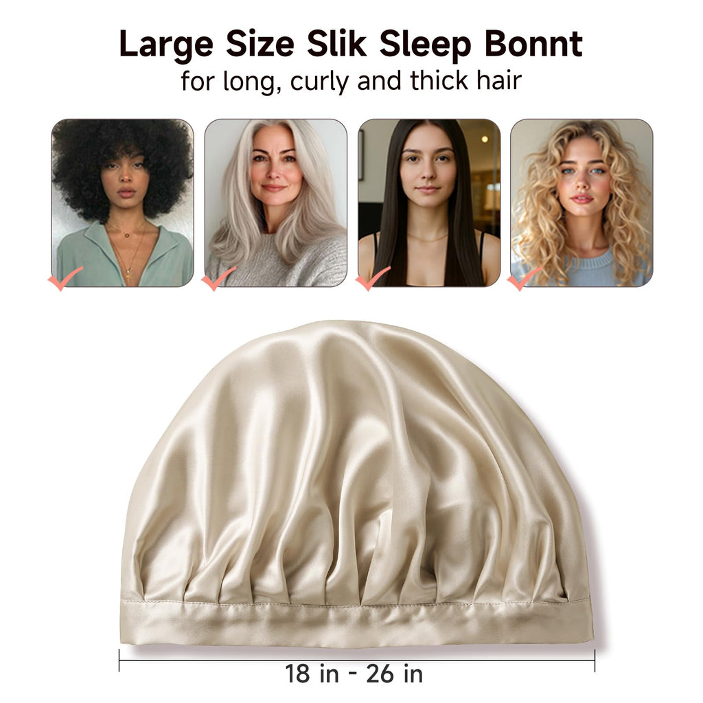 Kaome 100% Mulberry Silk Bonnet for Sleeping – 22 Momme Double Layer, Adjustable Non-Slip Cap (Champagne)