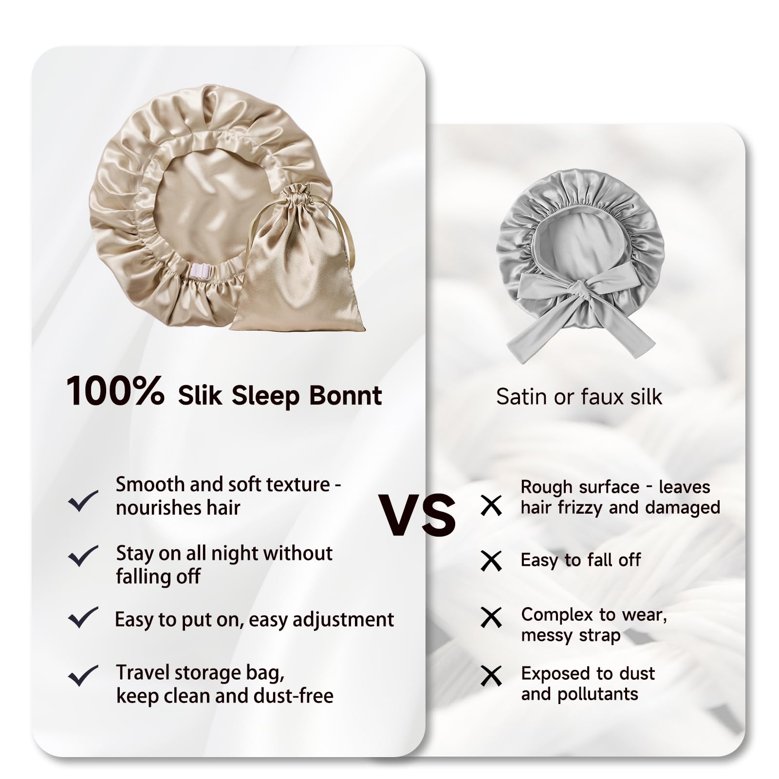 Kaome 100% Mulberry Silk Bonnet for Sleeping – 22 Momme Double Layer, Adjustable Non-Slip Cap (Champagne)