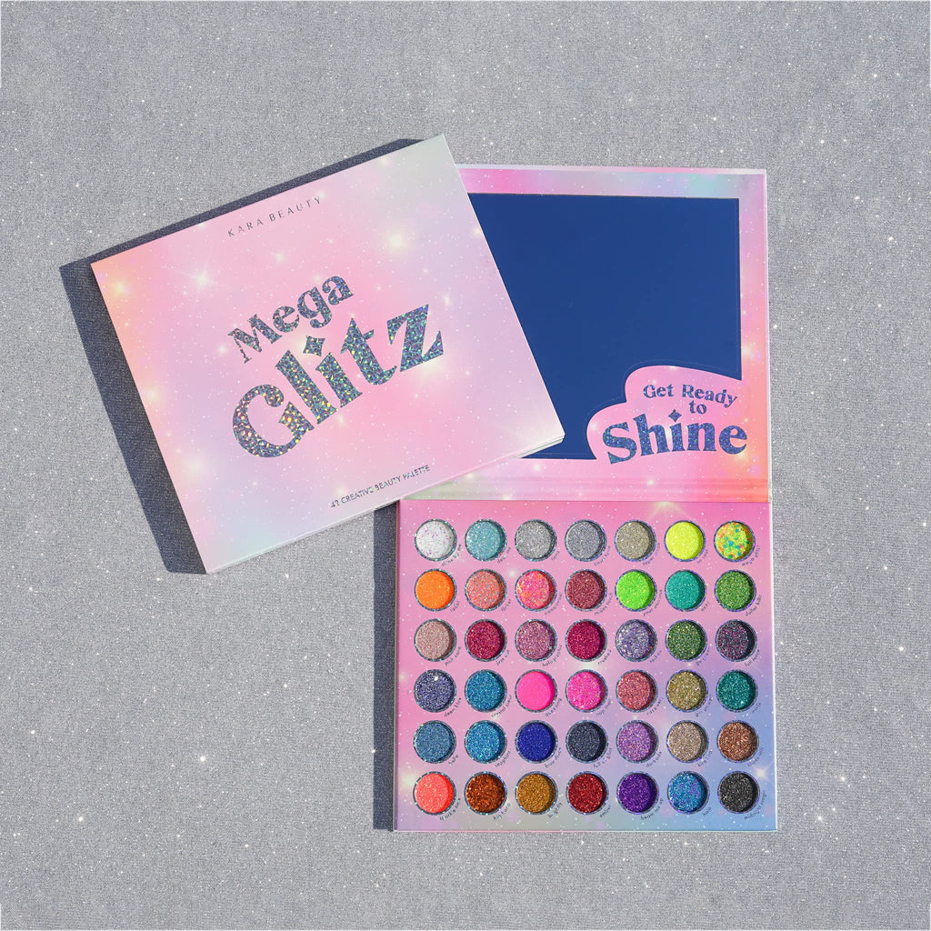 Kara Beauty Mega Glitz Palette – 42 Glitter Shades for Eyes, Face & Body | No Glue Needed