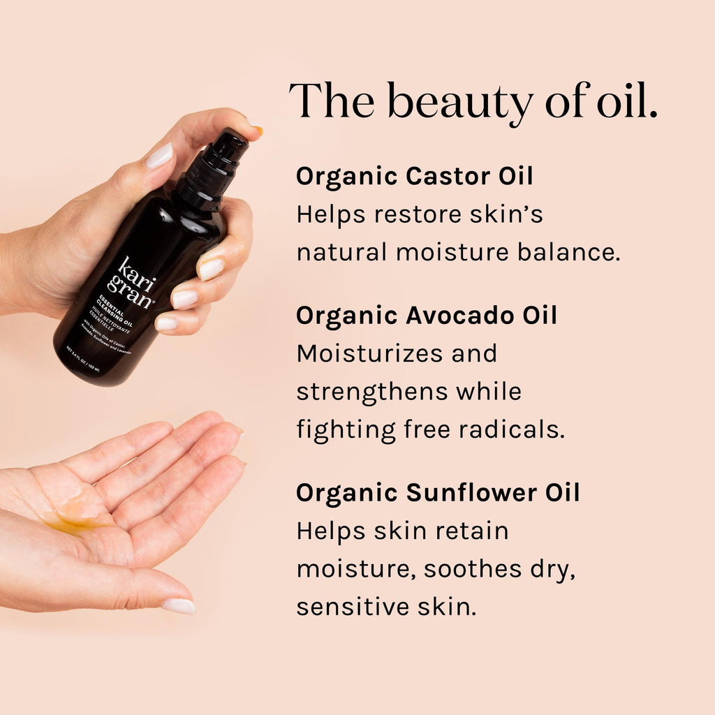 Kari Gran Essential Cleansing Oil | Organic Face Cleanser for All Skin Types | Cruelty-Free 3.4 fl oz