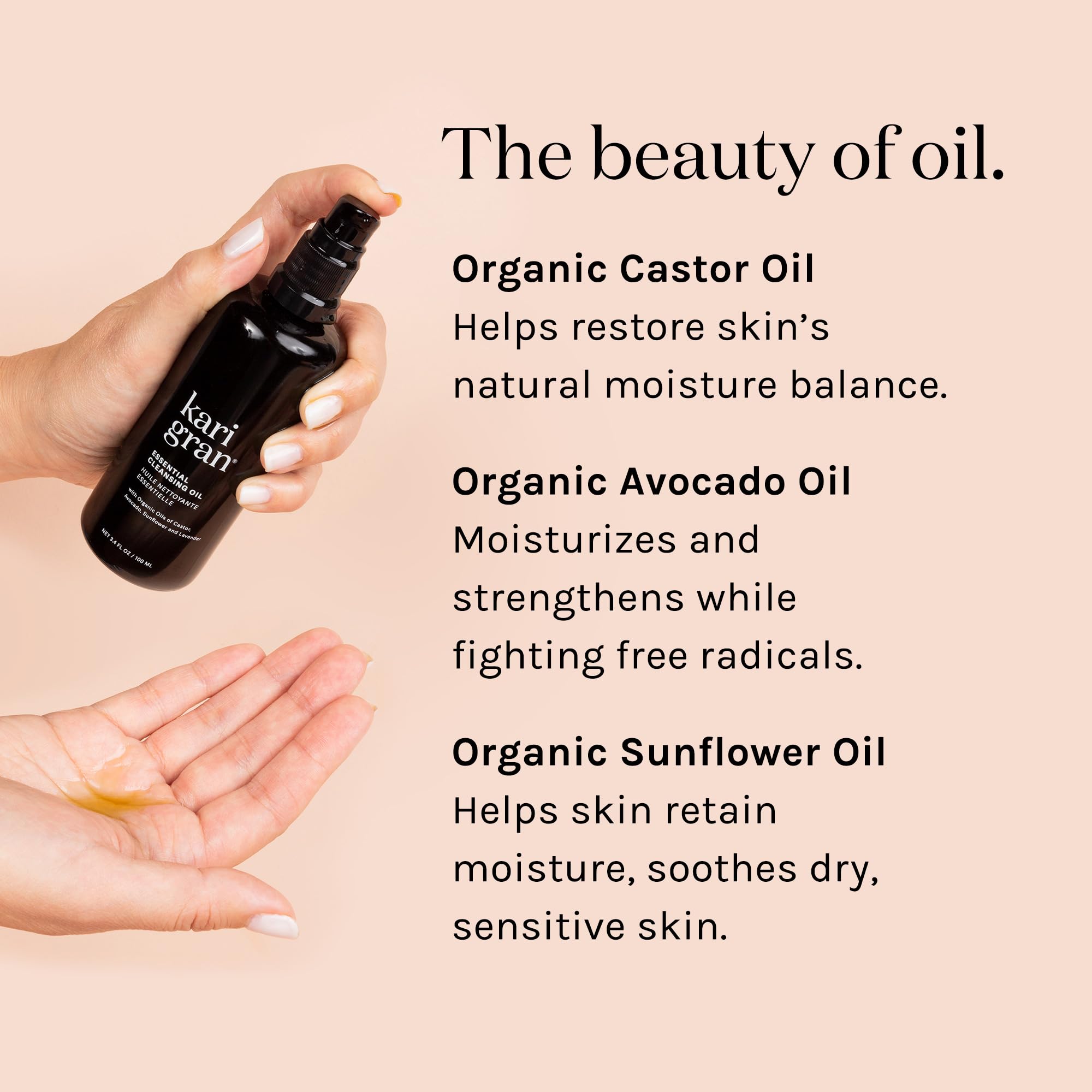 Kari Gran Essential Cleansing Oil | Organic Face Cleanser for All Skin Types | Cruelty-Free 3.4 fl oz