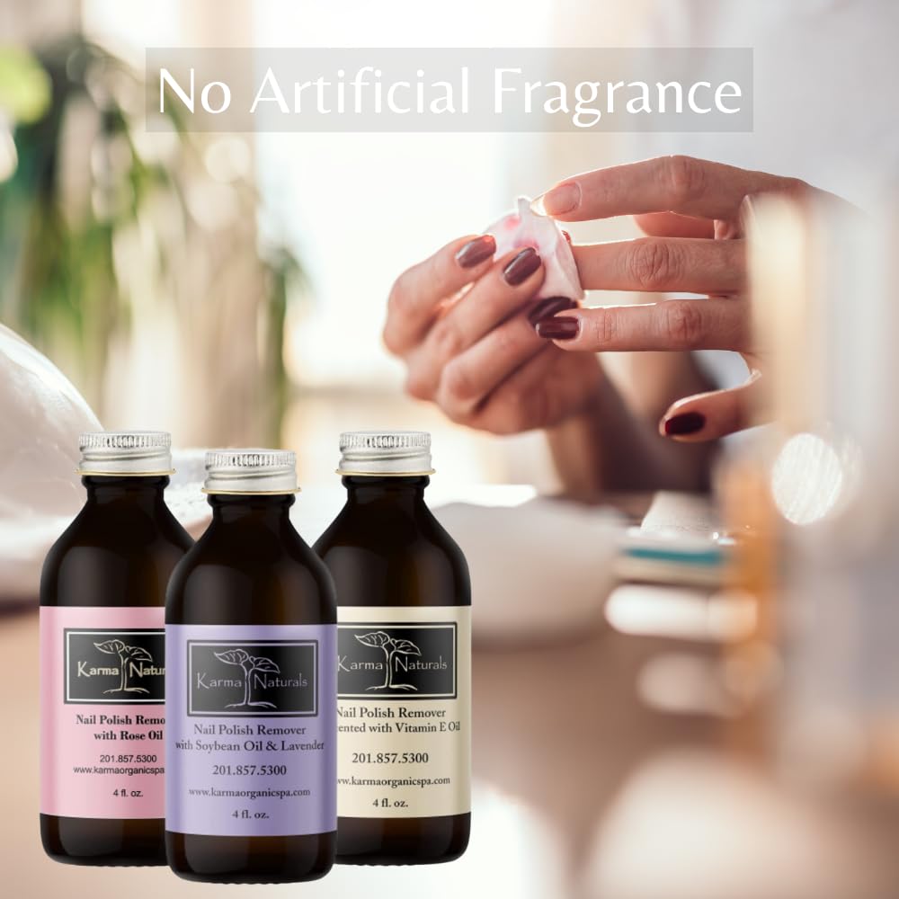 Karma Organic Nail Polish Remover Bundle – Lavender, Rose Oil & Unscented (4 oz each) – Acetone-Free