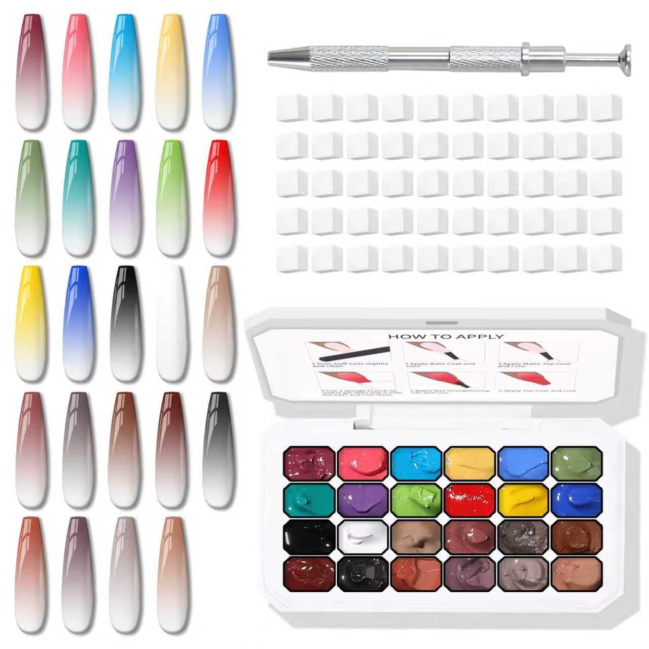 Karroy 24 Colors Sponge Pat Paint Nail Gel Kit — Ombre Nail Art, Floral Design, UV/LED Curing, No Wipe