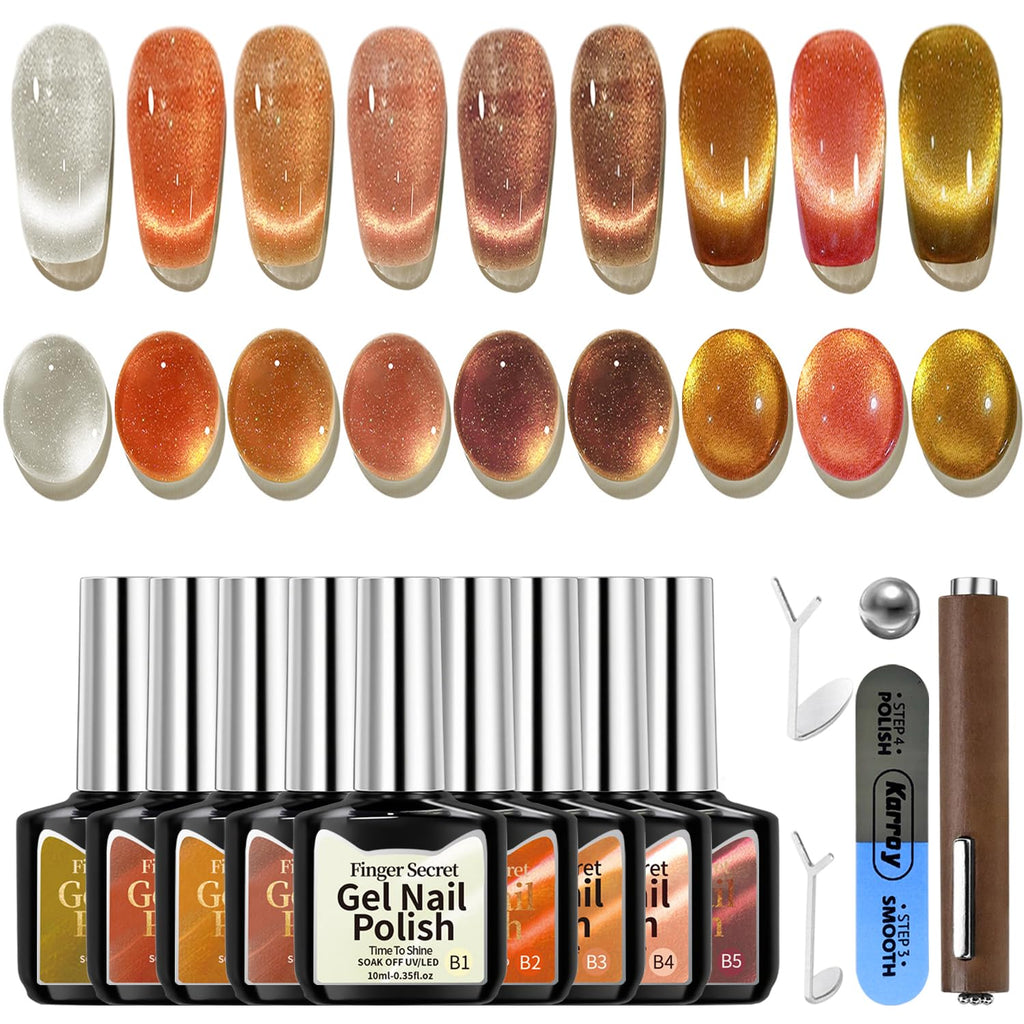 Karroy Cat Eye Gel Nail Polish Set – 9 Colors B, Magnetic Shimmer Kit (Soak Off, UV/LED Cured)
