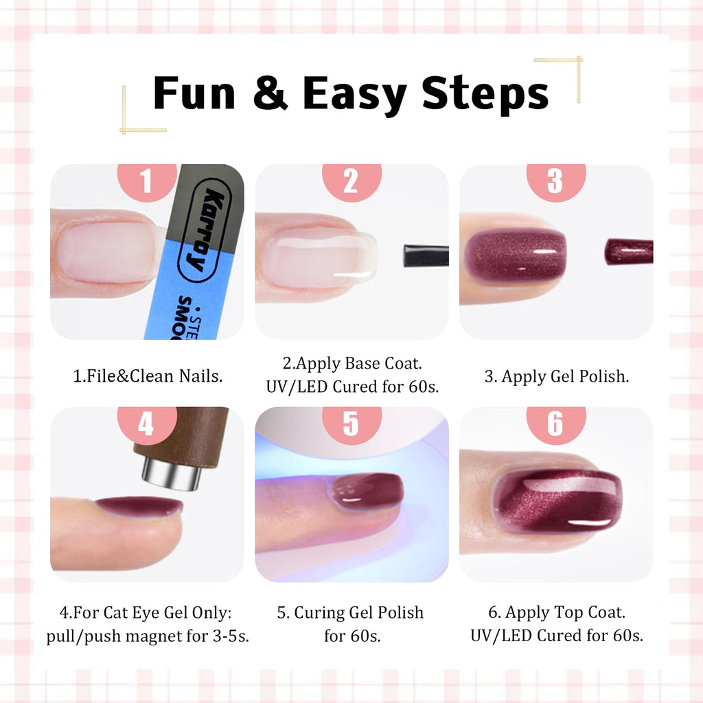 Karroy Cat Eye Gel Nail Polish Set – 9 Colors B, Magnetic Shimmer Kit (Soak Off, UV/LED Cured)