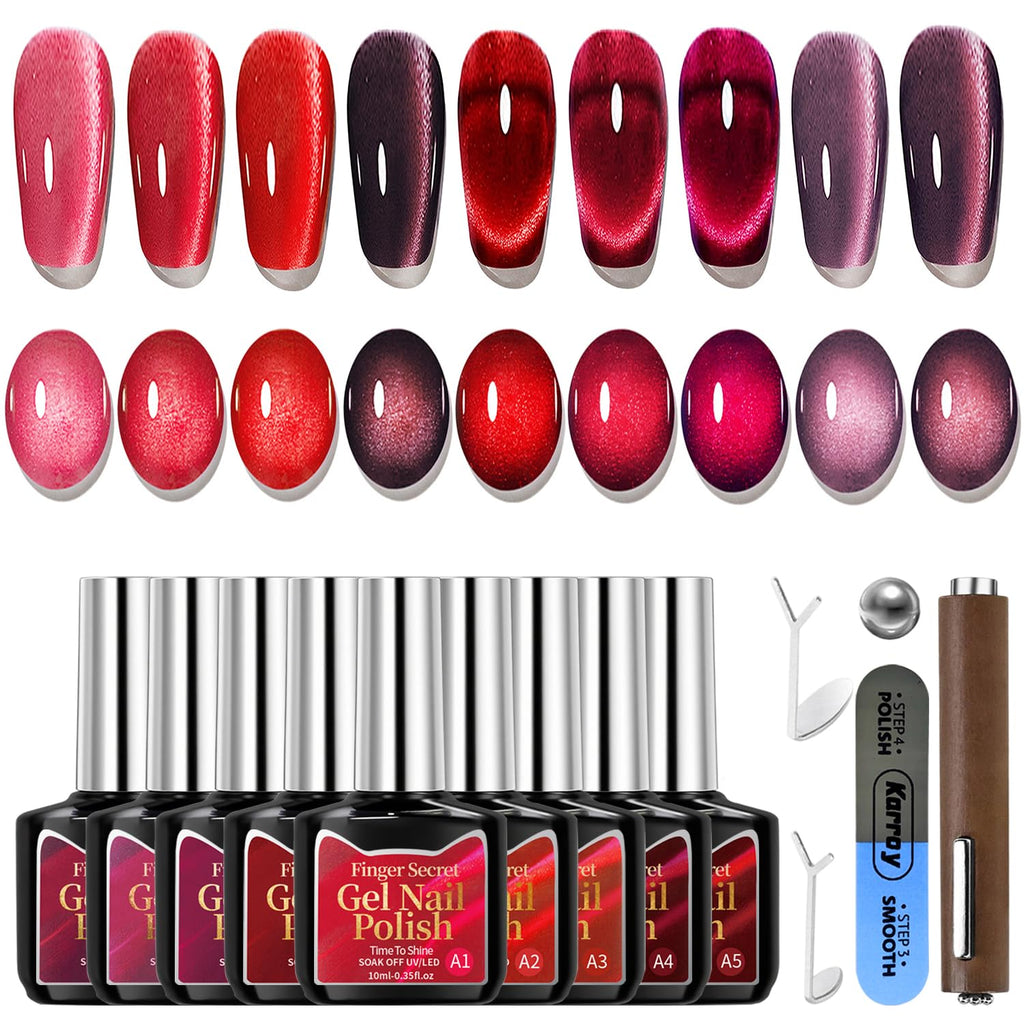 Karroy Cat Eye Gel Nail Polish Set – 9-Color Magnetic Shimmer Kit (UV/LED Cure)