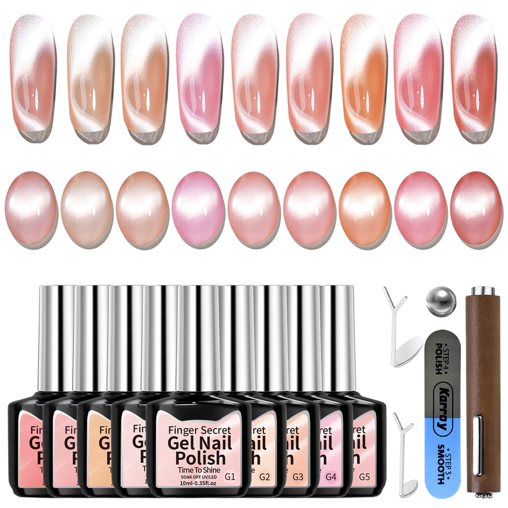 Karroy Cat Eye Gel Nail Polish Set – Magnetic Holographic Kit (9 Colors) | Soak Off UV/LED