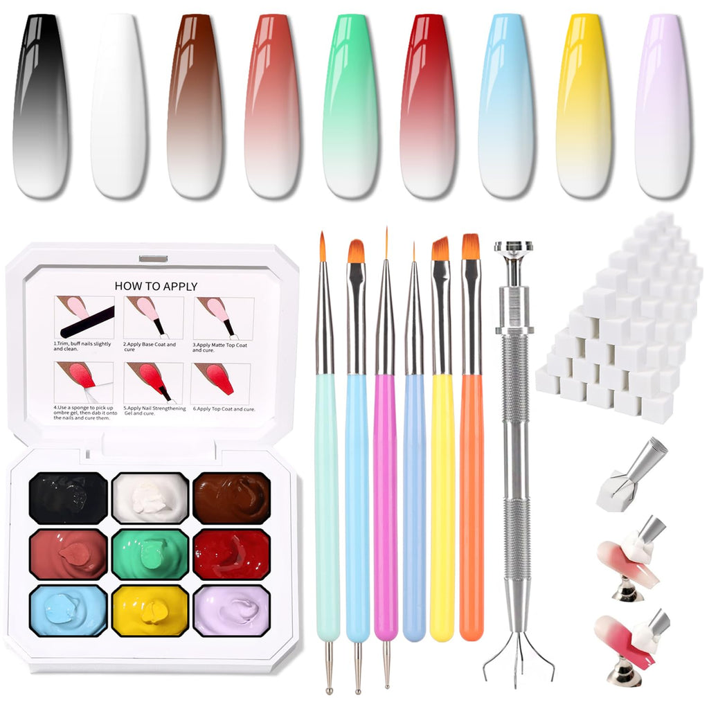 Karroy Christmas Gel Polish – 9-Color Ombre Palette, 100 Sponges, 6 Brushes, 1 Grabber, No Wipe, UV/LED Set 03