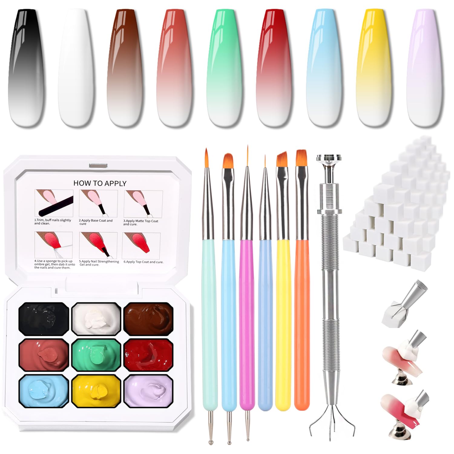 Karroy Christmas Gel Polish – 9-Color Ombre Palette, 100 Sponges, 6 Brushes, 1 Grabber, No Wipe, UV/LED Set 03