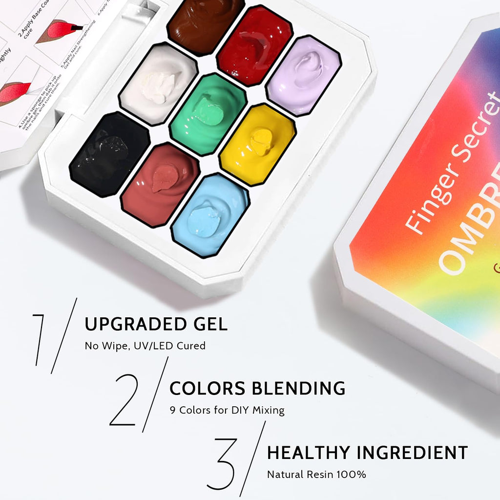 Karroy Christmas Gel Polish – 9-Color Ombre Palette, 100 Sponges, 6 Brushes, 1 Grabber, No Wipe, UV/LED Set 03