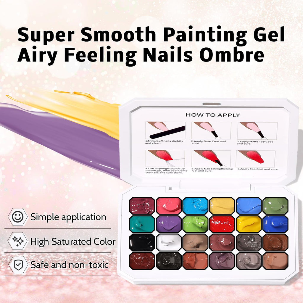 Karroy 24 Colors Sponge Pat Paint Nail Gel Kit — Ombre Nail Art, Floral Design, UV/LED Curing, No Wipe
