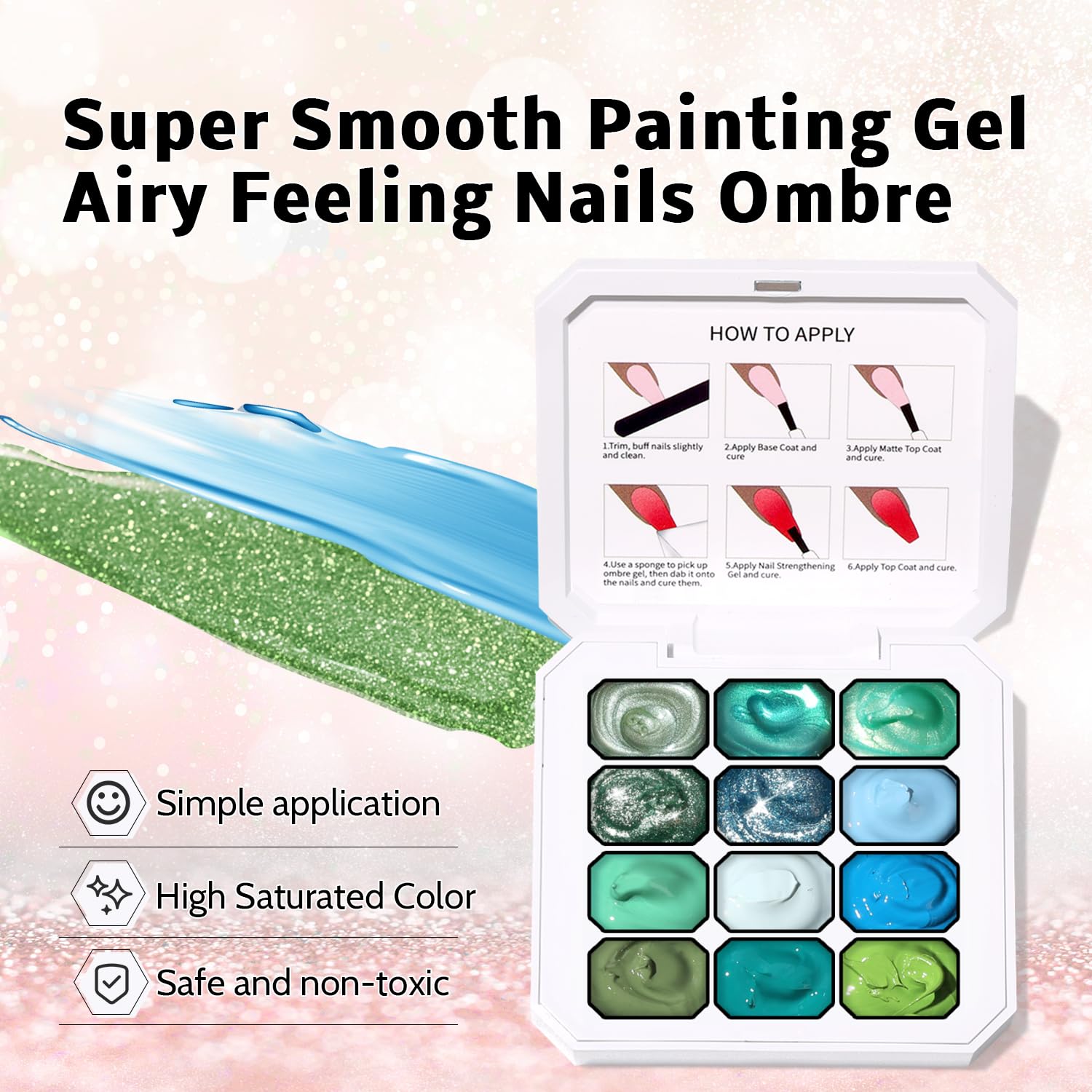 Karroy Sponge Pat Gel Nail Polish Palette – 12-Color Ombre Gradient Gel, No Wipe, UV/LED Cure