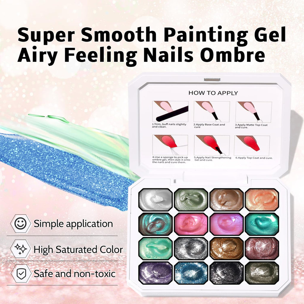 Karroy Glitter Pat Gel Nail Polish Palette – 16 Colors E, Ombre Gradient, No Wipe, UV/LED Cured