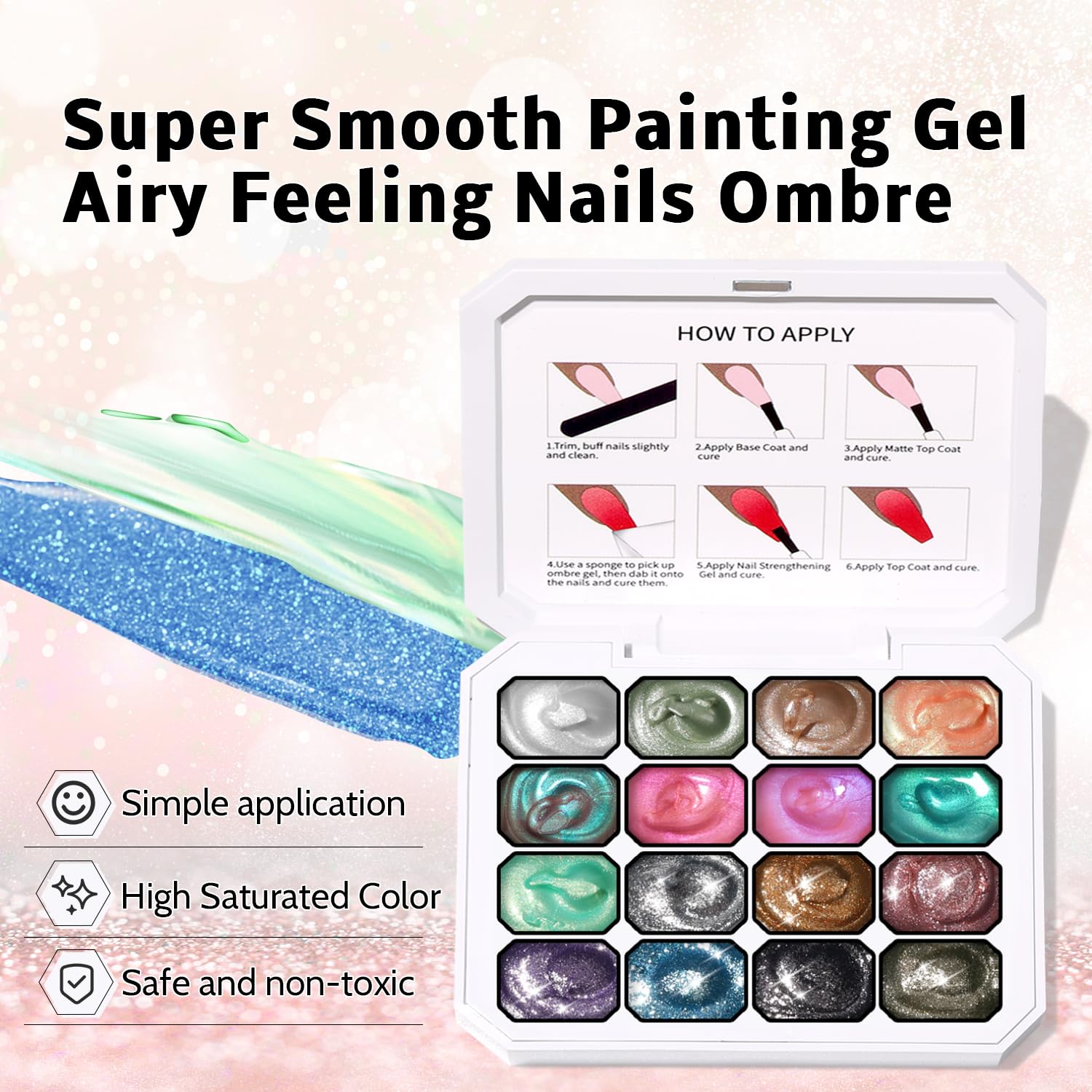 Karroy Glitter Pat Gel Nail Polish Palette – 16 Colors E, Ombre Gradient, No Wipe, UV/LED Cured