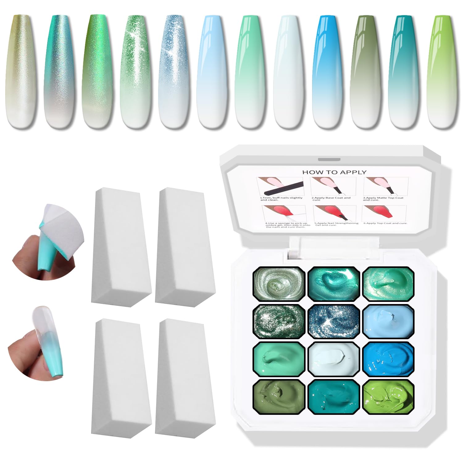 Karroy Sponge Pat Gel Nail Polish Palette – 12-Color Ombre Gradient Gel, No Wipe, UV/LED Cure