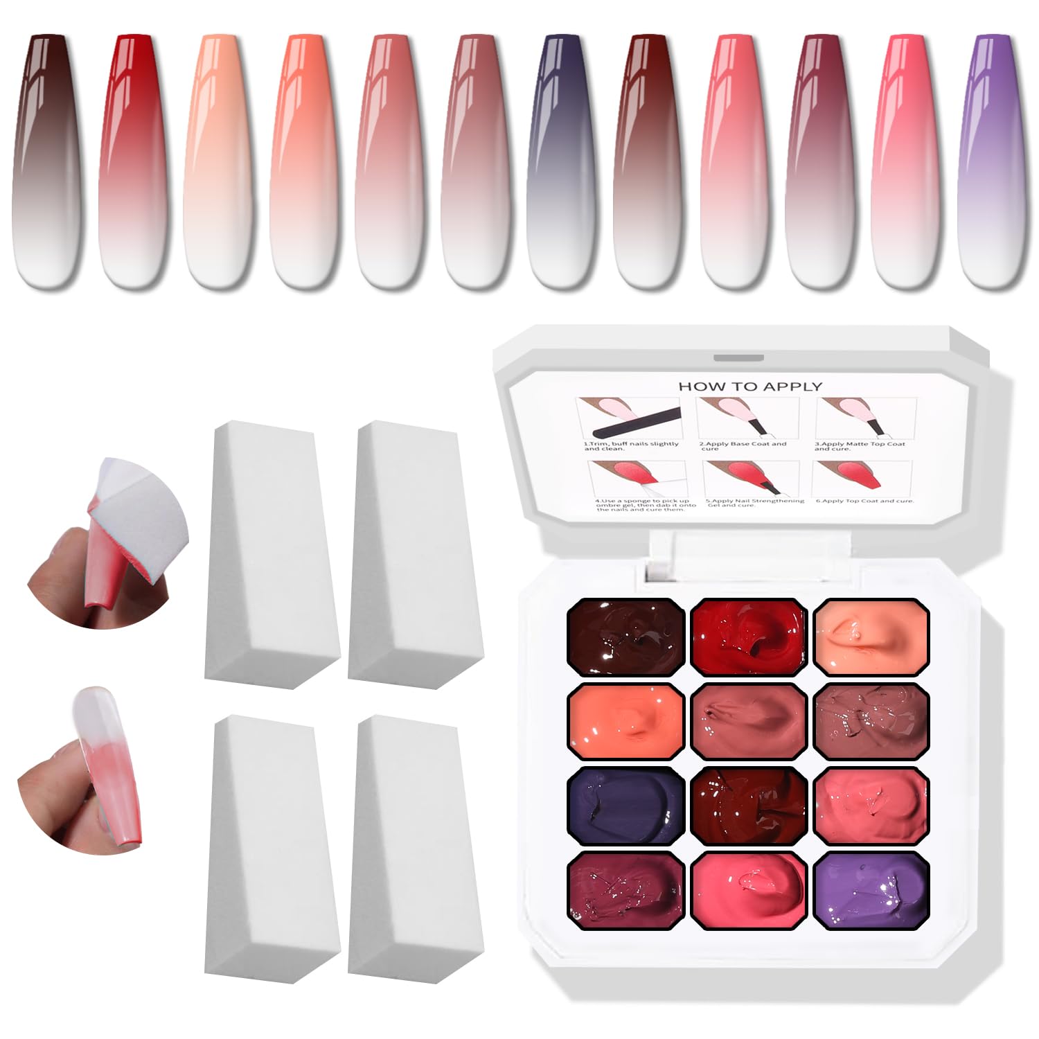 Karroy Sponge Pat Gel Nail Polish Palette — 12-Color Ombre Gel Color Set | UV/LED, No Wipe