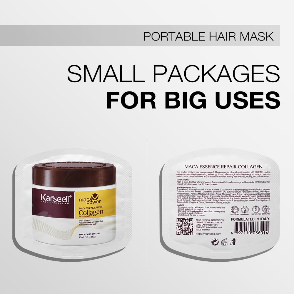 Karseell Collagen Hair Mask - Deep Repair with Argan Oil for All Hair Types (10ml, 24 Packs)