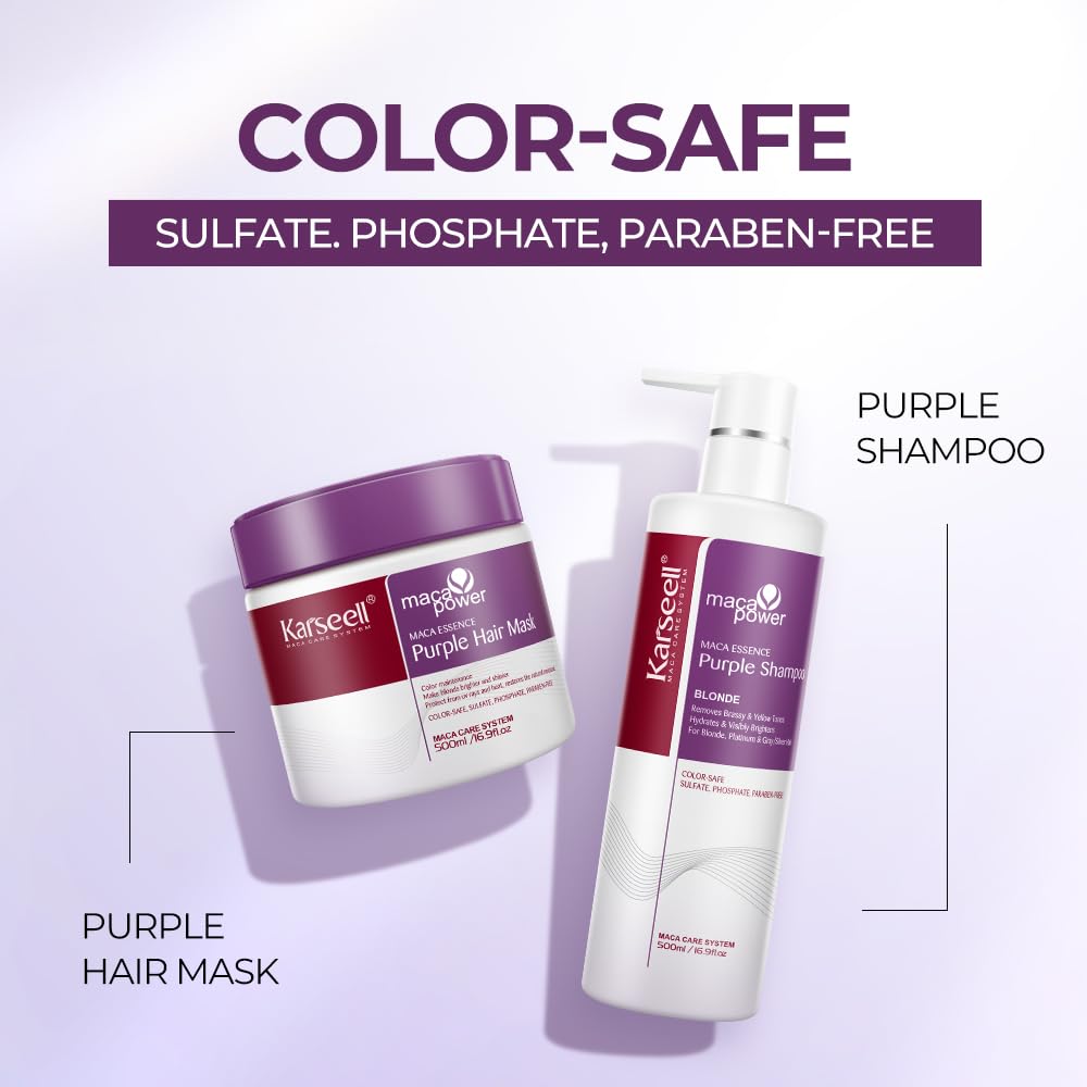 Karseell Maca Power Purple Hair Mask & Purple Shampoo Set – Neutralizes Brass for Blonde, Gray & Silver Hair
